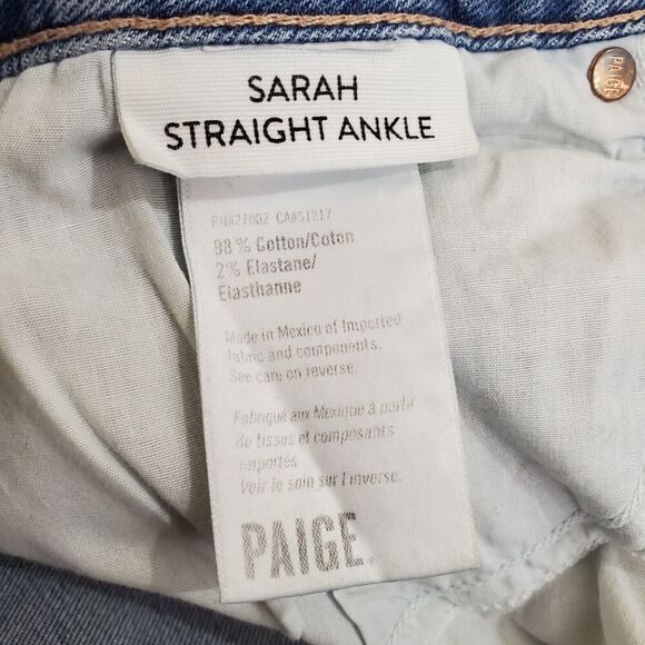 Paige High Rise Sarah Jeans Sz 32 Straight Ankle Contrast Denim Magda Button Fly - Picture 11 of 14